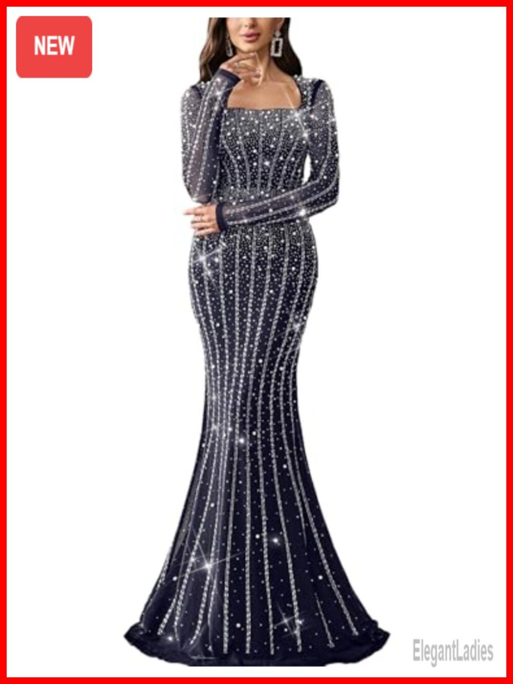 Rhinestone Sequin Mermaid Prom Dress Long Sleeve Square Neck Evening Gown